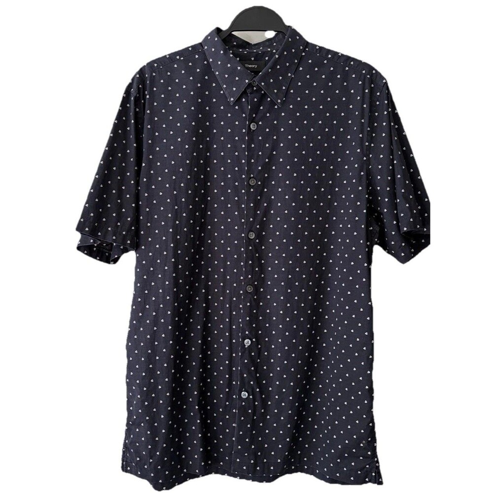 Theory Button Down Short Sleeve Shirt Large L Navy Blue Irving Geometric Capsule